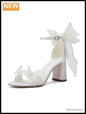 White Satin Lace Block Heel Sandals With Pearl Bow Open Toe Wedding Shoes